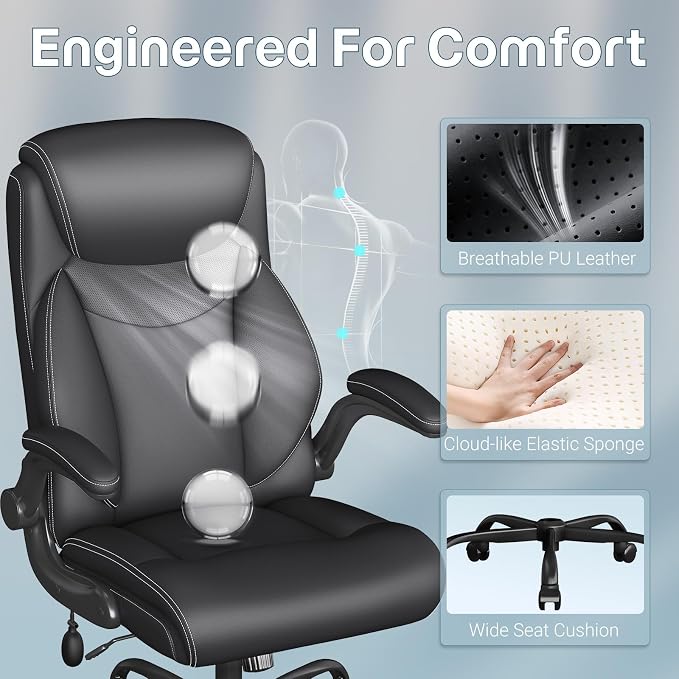Ergonomic Office Chair, Big and Tall Office Chair, Executive Chair- Padded Leather Comfy Chair with Adjustable Lumbar Support & Flip-Up Arms, Rocking Swivel Chair for Home Office,Black