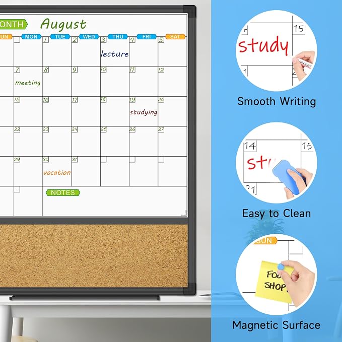 Magnetic Calendar Whiteboard & Bulletin Corkboard Combination, Combo Board 20 x 28 Inch, Black Aluminum Frame Wall Mounted Board for Office Home and School with 10 Push Pins