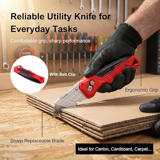 Box Cutter with Blade Storage Design, Heavy Duty Folding Utility Knife with 10 Extra Blades for Cardboard, Carton, Carpet Cutting, Anti-slip Handle, Quick Replace Blade