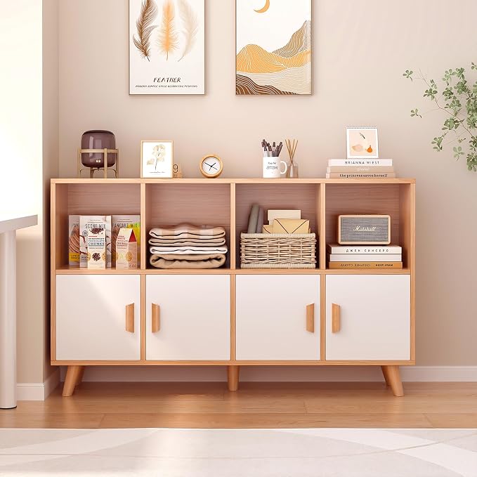 8-Cube Bookcase with Doors, 2-Tier Low Storage Cabient, Oak | Solid Wood Legs and Door Handles, Cubby Shelf with 4 Doors, Fits 11×11" Bins for Home & Office