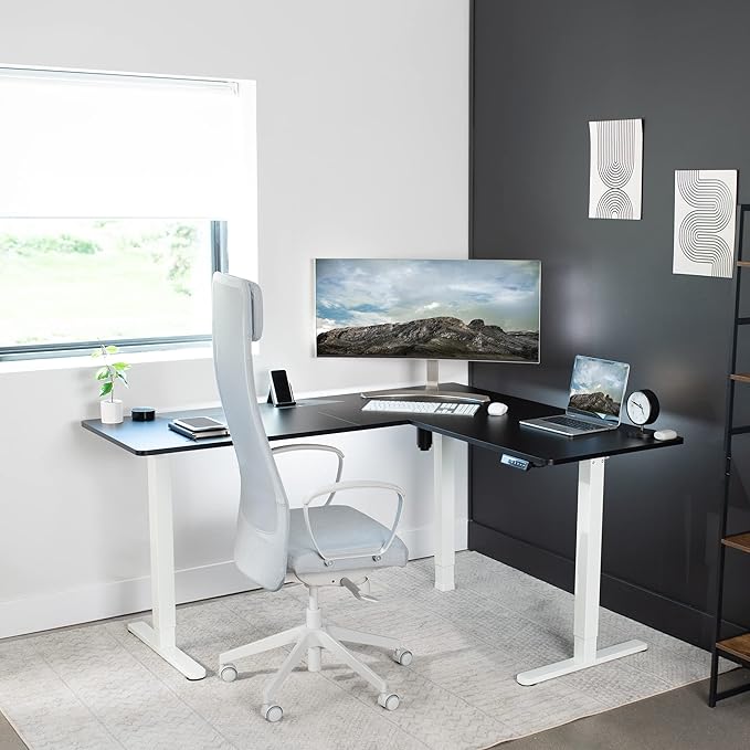 VIVO Corner Standing Desk, 63 x 55 inch Reversible L-Shaped Workstation, Electric Height Adjustment, Home, Office, and Reception Rooms, Black Table Top White Frame, DESK-E3CTWB