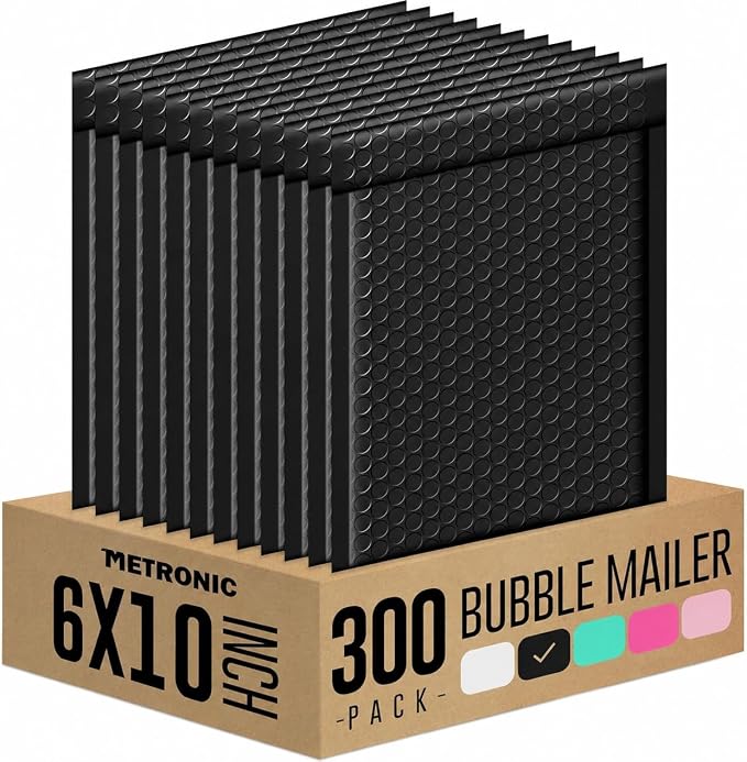 METRONIC Bubble Mailers 6x10" Padded Envelopes Black 300 Pack Waterproof | Usable Size 6x9",Shipping Bags,Self-Seal Small Cushioning for Jewelry Makeup Supplies,Packaging Bulk,Tear-Resistant Opaque