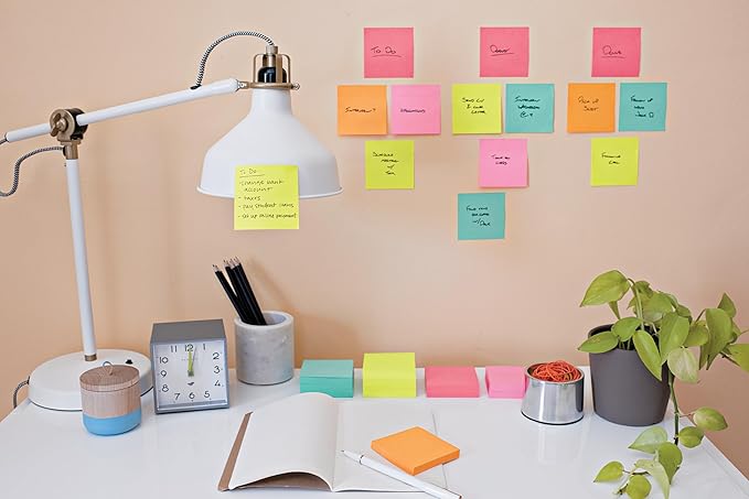 Post-it Super Sticky Notes,6 Lined Sticky Note Pads,4 x 4 in.,Ideal for Organization in Your Dorm,Home or Office,2X The Sticking Power,Supernova Neons Collection,(Pack of 12)