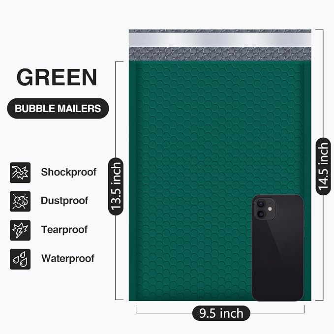 UCGOU Bubble Mailers 9.5x14.5" 40 Pack Usable Size 9.5x13.5" Green Padded | Waterproof Self Seal Adhesive Large Padded Envelopes for Small Business Bubble Packaging Envelopes for Mailing Jewelry Makeup