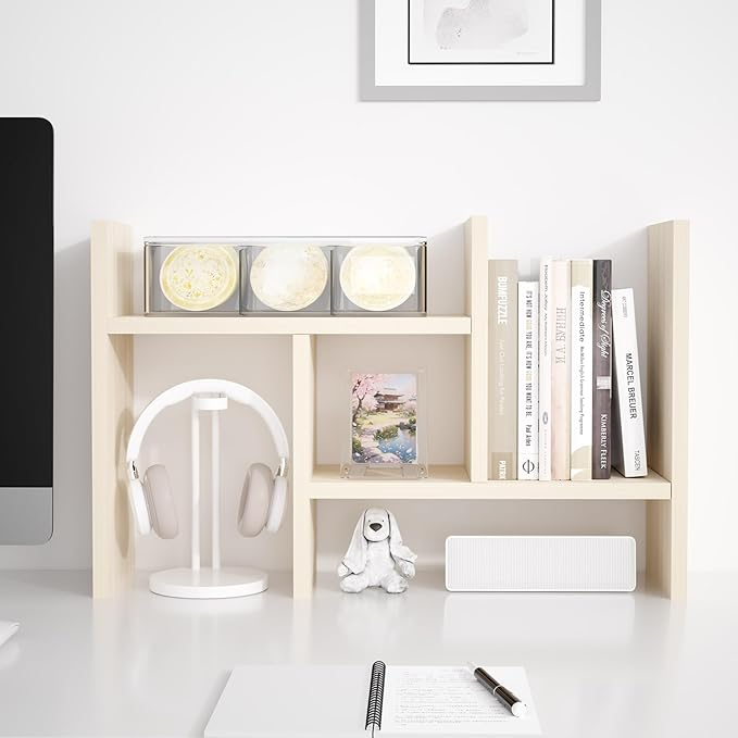 Jerry & Maggie Desktop Organizer Office Storage Rack Adjustable Wood Display Shelf Free Style Double H, Multi-Functional Mini Bookshelf for Desk Natural Stand (White Wood Tone/2 Pack)