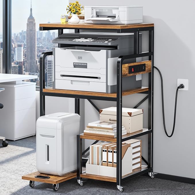 POKIPO 4 Tier Large Printer Stand Table with Power Outlet Adjustable Shelf | 26.7" x 21.2" x 50.2" Tall Cart,Fit 2/3 printers, Rolling with Wheels,Home Office Kitchen Stand,for 3D Printer Paper Shredder