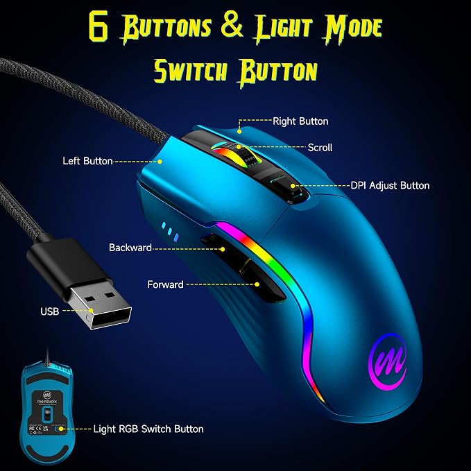 memzuoix Wired Gaming Mouse with RGB - 6 Adjustable DPI up to 12800, 6 Buttons, 12 Lighting Modes, Ergonomic Design with Anti-Slip Rubber Wheel, 5.6ft Braided Cable for PC/Mac/Windows - Blue