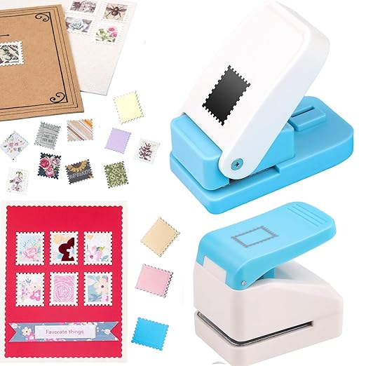 2 Pcs Stamp Punches, Postage Stamp Punch, 1X0.8 inch & 1.1X0.9 inch Embossing Stamps Hole Punch, Portable Lever Paper Puncher, Crafts Punches for Scrapbooking Paper Crafting DIY Projects