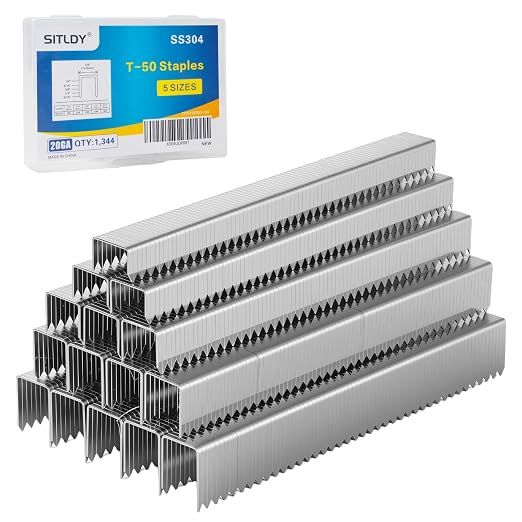 Heavy Duty T-50 304 Stainless Steel Staples 1344-Count 5 Sizes | Includes: 1/4", 5/16", 3/8", 1/2", 9/16" 3/8" Crown Beveled Chiseled Pointed Assorted Size Project Pack for T50 Stapler Gun