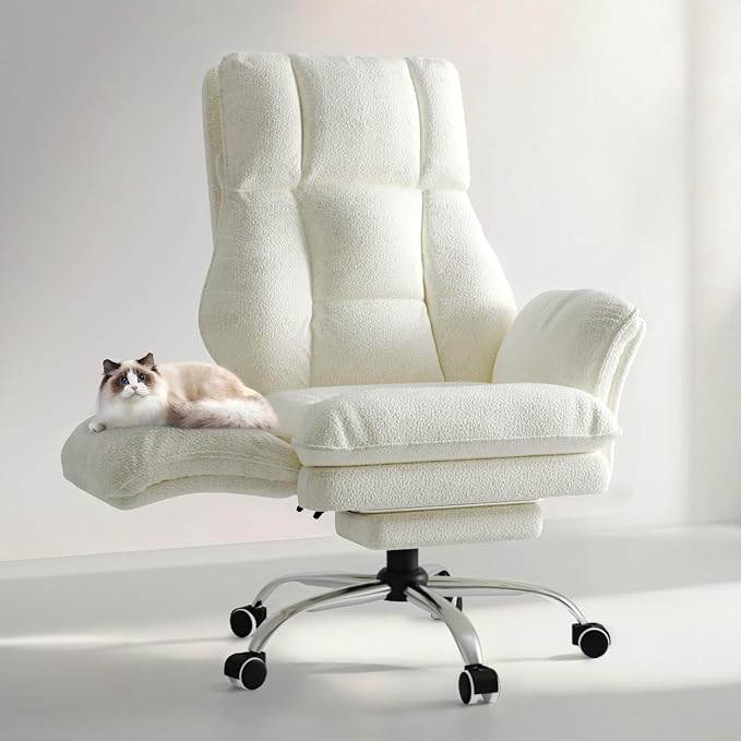 Big and Tall Office Chair, Flip Armrests for Pets & Cross Legged Sitting | Executive Ergonomic Computer Gaming Chair with Foot Rest, Teddy Fleece Wide Seat Reclining Desk Chair, White Vanity Chair