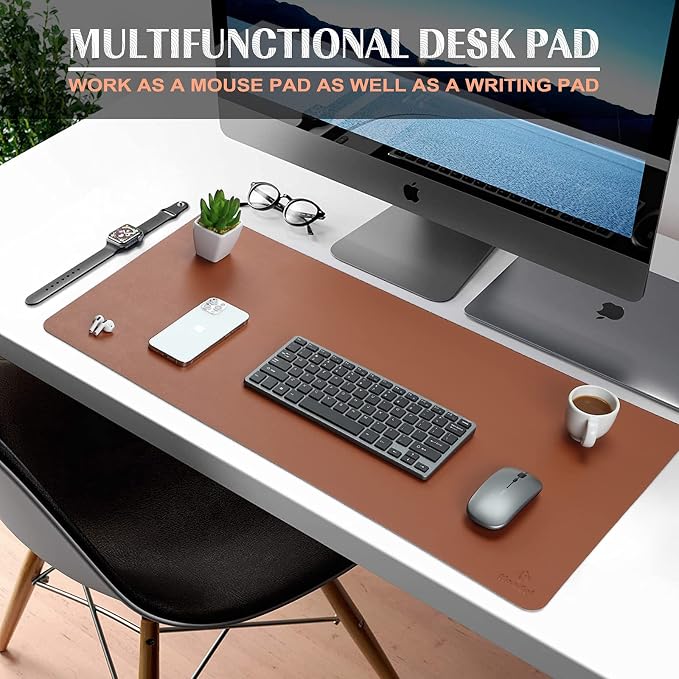 K KNODEL Extra Large Desk Mat, Leather Mouse Pad (35.4"x17", Brown) | Desk Pad, Keyboard Pad, Computer and Laptop Mat, Desktop Protector and Cover, Writing Pad and Blotter for Home Office