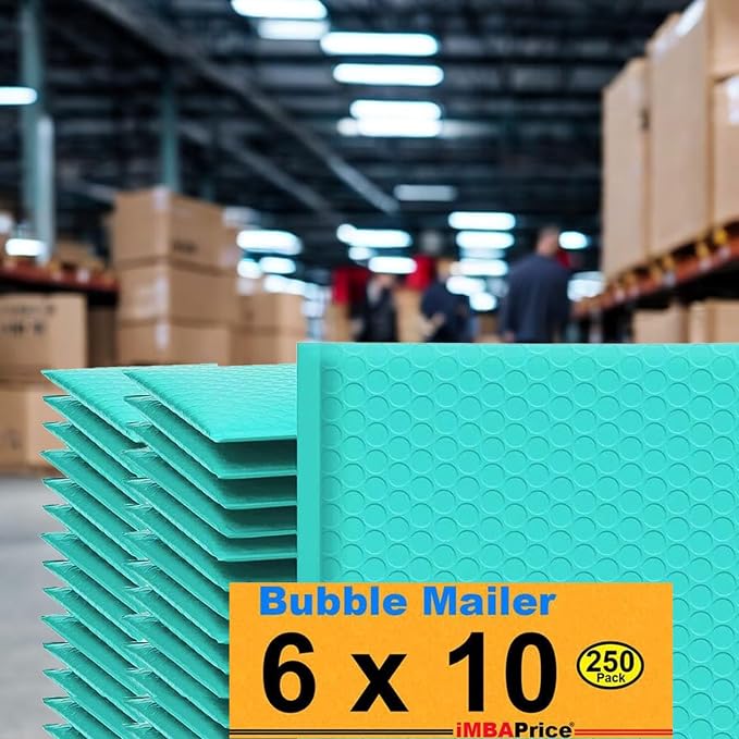 iMBAPrice 6x10 Inches Teal Color Polybubble Bag, 250-Pack Small Size #0 Waterproof Cushioning Self Seal Adhesive Padded Mailers (Total 250 Bags)