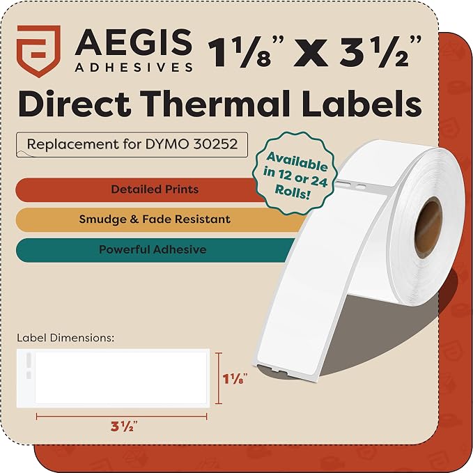 Replacement for DYMO 30252 (24 Rolls, 8400 Labels) 1 1/8" X 3 1/2" | Direct Thermal Address Labels - Compatible with LabelWriter 450, 450 Turbo, 4XL Printers (NOT 550, 5XL) - Aegis Adhesives
