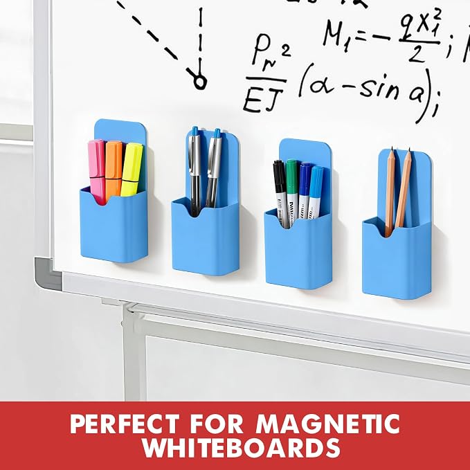 BEYGORM Magnetic Pen Holder for Refrigerator, Pencil Cup Organizer (Blue) | Upgraded 1.5mm thick magnetic backing for whiteboards, lockers & fridge; 4 Pcs dry erase marker holder for classroom & office