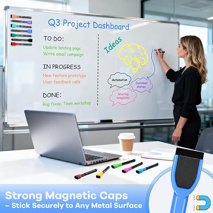 Magnetic Dry Erase Markers with Eraser Caps, 1-2mm Bullet Tip, Low Odor Quick Dry Ink, 12 Colors, Whiteboard Marker Set for Fridge Calendar Office, 12 Count