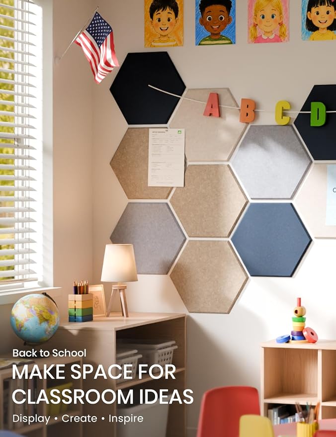 Fluxynara 12-Pack Hexagon Felt Bulletin Board Tiles, Nordic Slate-1 | Cork Board Alternative with 60 Adhesive Tabs for Notes, Photos and Reminders in Home Offices, Dorm and Classrooms