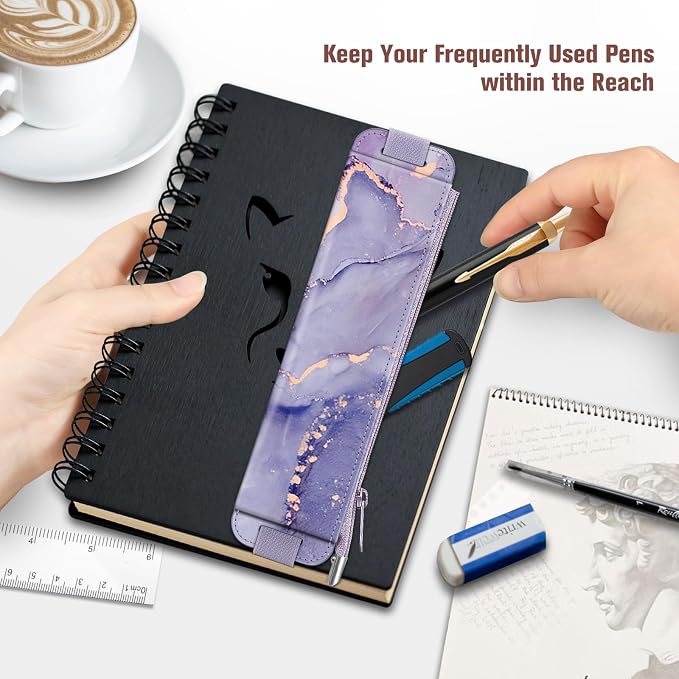FINPAC 2-Pack Elastic Pen Holder for Notebook Leather Pen Holder | Stationery Zipper Bag for Pencils, Pen Pouch with Elastic Band for Bible Journaling, Planners, Tablets, Lilac Marble