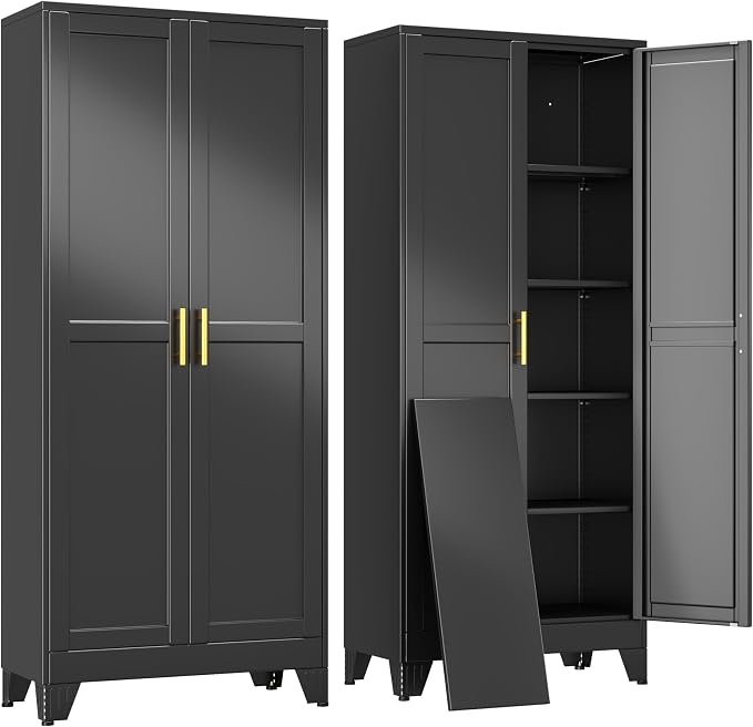 erosoei 71" H Metal Garage Storage Cabinet, Black Metal Pantry Cabinet with 2 Doors, Locker Steel Cabinet with 4 Adjustable Shelves, Freestanding Cupboard for Garage,Office,Home,Gym,School