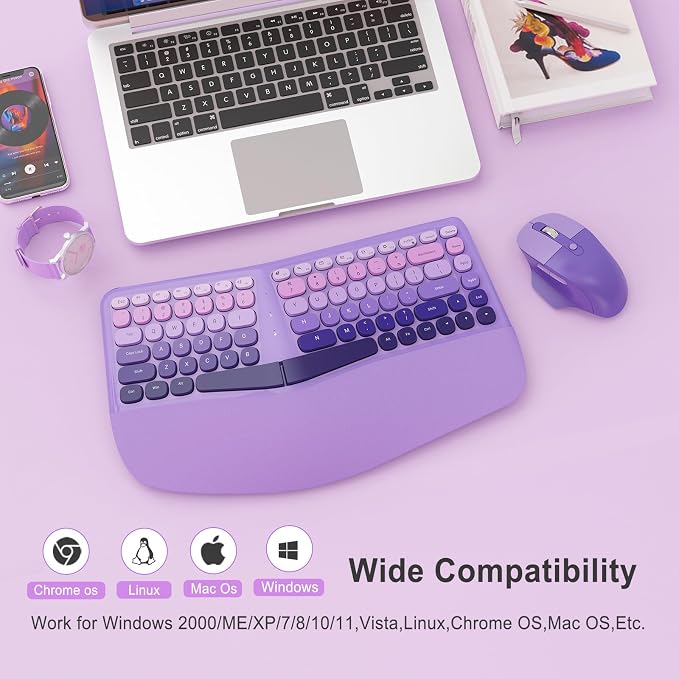 Ergonomic Wireless Keyboard Mouse, Mechanical Gaming Set with Wrist Rest | Compatible With All windows and Type C Computer,With OTG & Long Clean Bruch,Ideal for PC, Home, Office and College