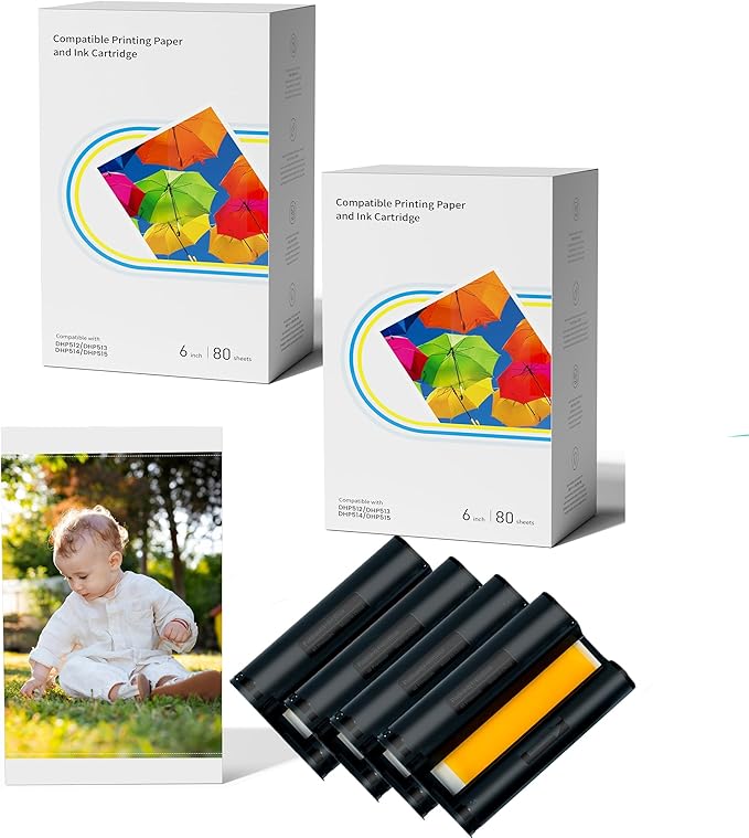 Compatible with Liene Amber M100/M200/M110/M210 4 x 6" Photo Printer 160 Sheets Photo Paper & 4 Ink Cartridges Refill, Only for DHP512/DHP513/DHP514/DHP515 Printer, Dye Sublimation, No Fade