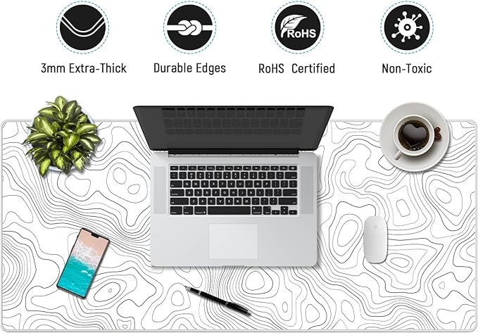 JIALONG White Topographic Large Gaming Mouse Pad, XXL Mousepad, Big Mouse Mat Desk Pad for Keyboard and Mouse, Gaming Computer Laptop PC Desk Office Accessories
