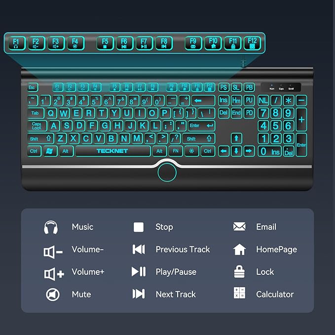 TECKNET Large Print Backlit Keyboard, Wired USB-A Computer Keyboard with Wrist Rest, 7-Color Backlit, Oversized Letter Keys Easy to See, Plug-and-Play, Silent, Light Up Keyboard for Windows/PC/Laptop