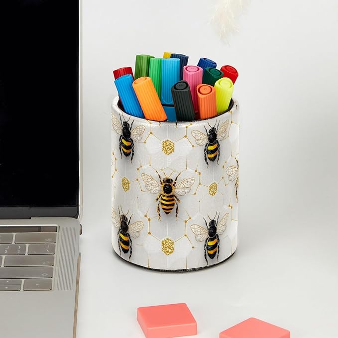 Leather Pen Holder for Desk, Honeycomb Bee Pencil Cup Pen Organizer Makeup Brush Holder for Office Home Kids Countertop Desk Accessory Storage