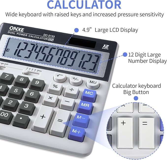 ONXE 12 Digit Desk Calculator,Calculators Desktop with Extra Large 4.9" LCD Display & Big Buttons, Solar & Battery Dual Power, Standard Basic 4 Function Office Calculator for Financial, Home Daily Use