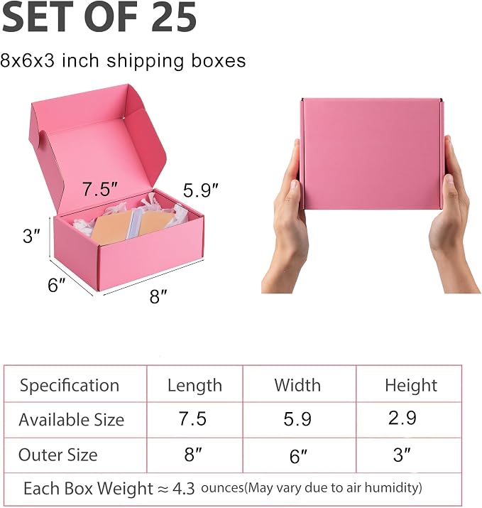 8x6x3 inch Pink Shipping Boxes for Small Business- Set of 25 | Sturdy ECT 32 Corrugated Cardboard Mailer Boxes, Easy Assemble for Packaging, Mailing, Gift Giving & Ecommerce Packing