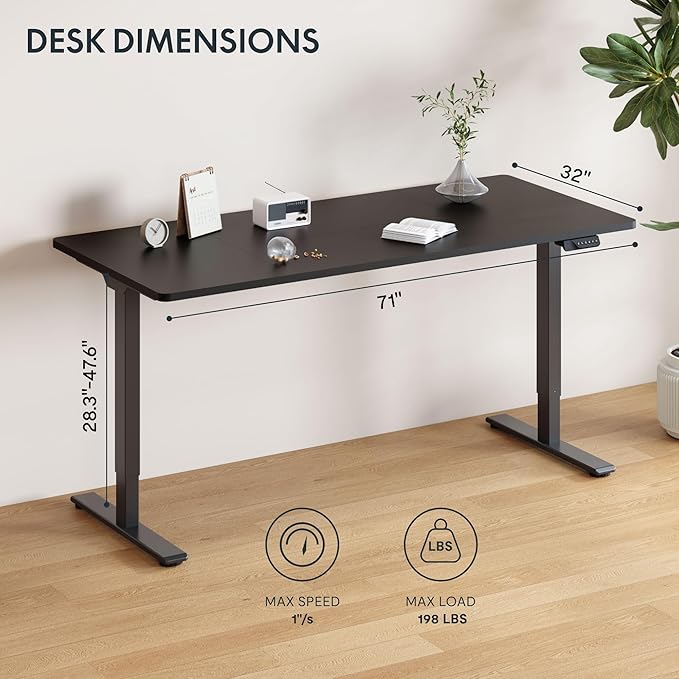 FLEXISPOT 71"x32" Large Dual Motor Electric Standing Desk, Black - 198 LBS Heavy-Duty Capacity, Ideal for Home Office, Creative Studio, or Multi-Monitor Setup