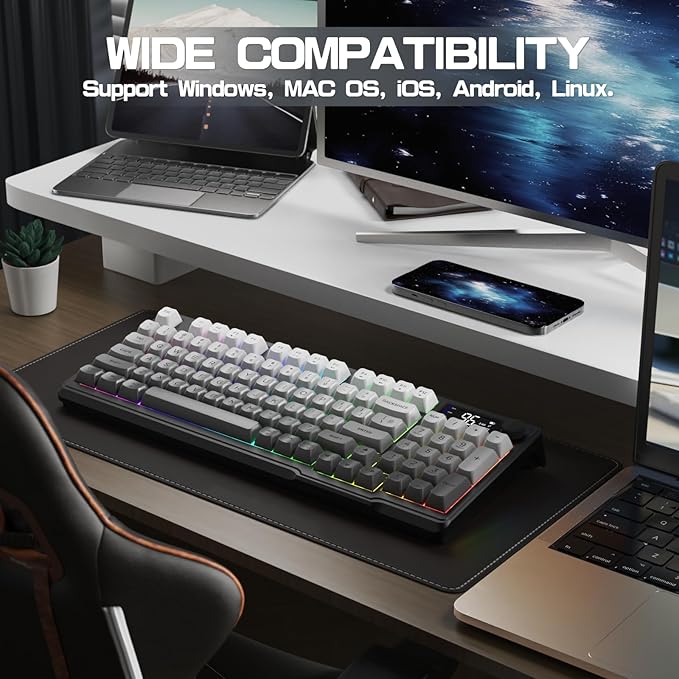 LexonElec M96 Wireless Keyboard, Low Profile Quiet Typing Membrane Gaming Keyboard with Smart Display & Knob, RGB Backlit, USB C Rechargeable, 94 Keys PBT Keycap for Windows PC,Mac,Linux-Moonlit Night