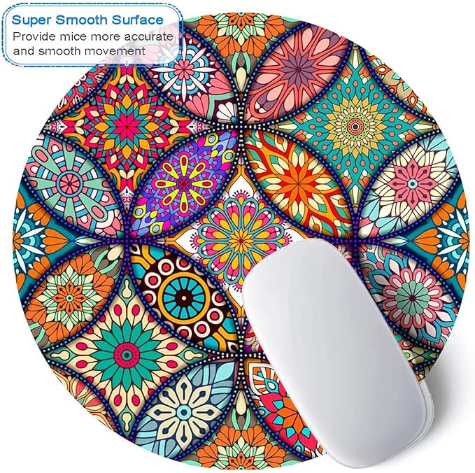 BOSOBO Cute Mouse Pad, Round Mandala Mouse Mat with Design, Non-Slip Rubber Base Mousepad with Stitched Edge, Waterproof Women Small Size 7.9 x 7.9 Inch, Pretty Mandala