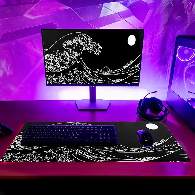 Japanese Sea Wave Gaming Mouse Pad 27.6x11.8 Inch Anime Black Large Mousepad Extended Kanagawa Mousepad Gaming Non-Slip Rubber Base Stitched Edges Keyboard Mouse Mat Desk Pad for Office Home Game