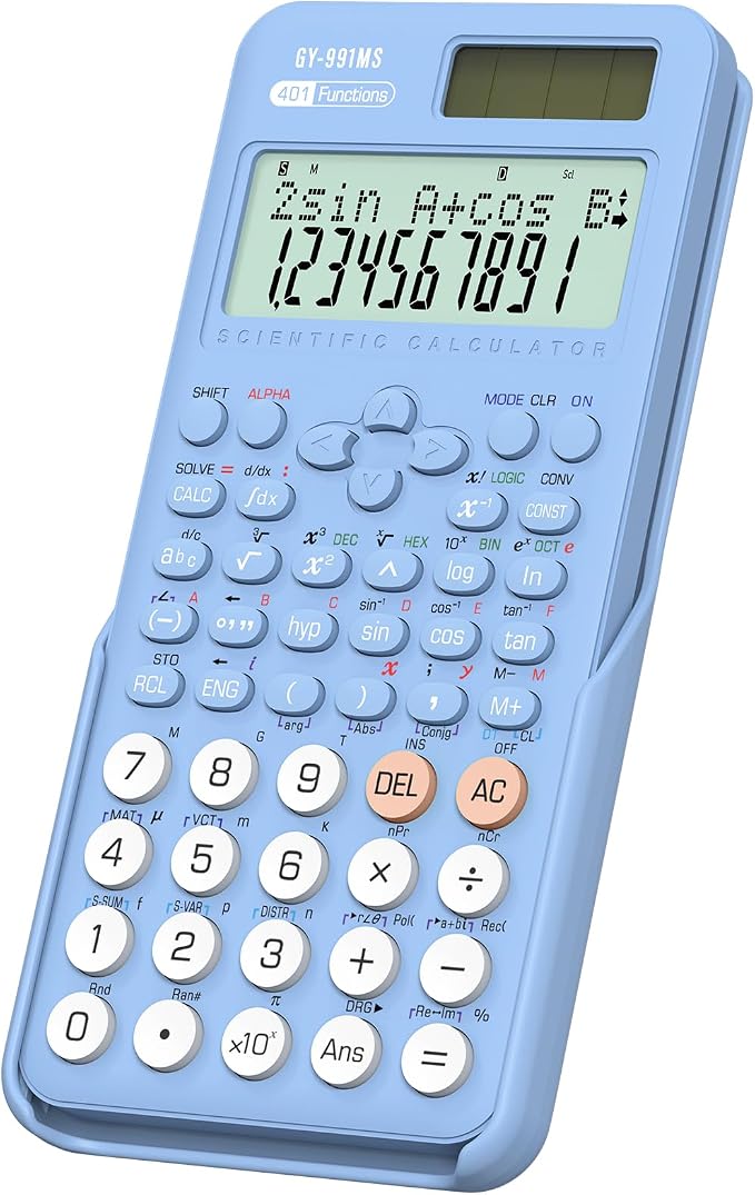 991MS 401 Functions 2-Line Display Desktop Calculator with Sliding Cover | ROATEE Scientific Calculator School Supplies Solar Battery Dual Power Kawaii for Middle High School Student and Teacher Blue