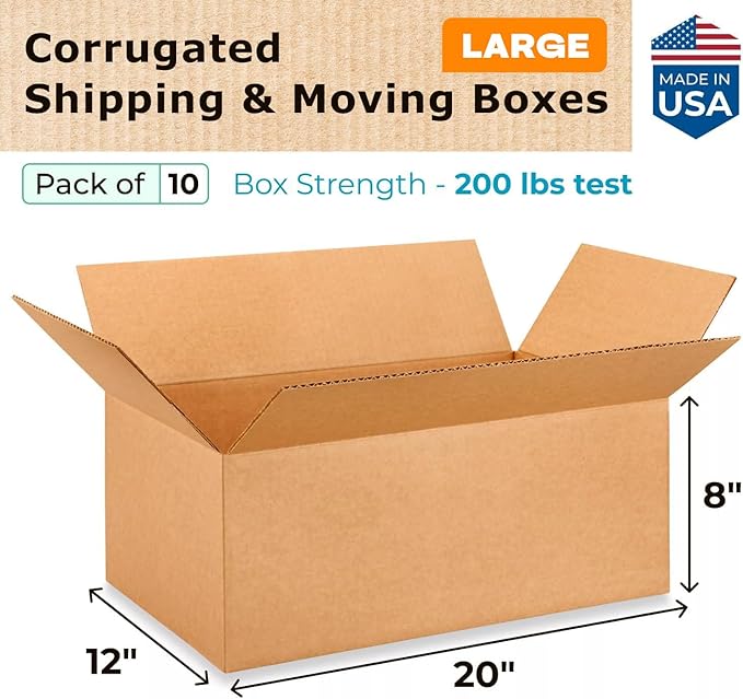 Large Shipping & Moving Boxes 20x12x8 inches (10-Pack) - Extra Strength 200 lb vs Regular - USA-Made Corrugated Cardboard Boxes for USPS/UPS - Moving Box Large - Packing Box by IDL Packaging