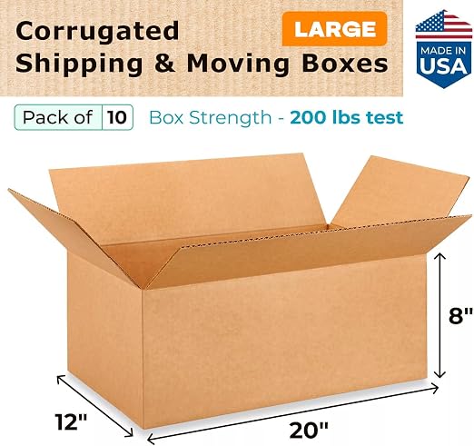 Large Shipping & Moving Boxes 20x12x8 inches (10-Pack) - Extra Strength 200 lb vs Regular - Corrugated Cardboard Boxes for USPS/UPS - Moving Box Large - Packing Box by IDL Packaging | Extra Strength 200 lb vs Regular - Corrugated Cardboard Boxes for US...