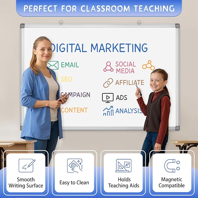 Grtard 36" x 24" Magnetic Dry Erase Board, Large Hanging Magnetic White Board with Aluminum Frame, Smooth Writing Presentation Whiteboard Suitable for Home, Office, Classroom & Kitchen