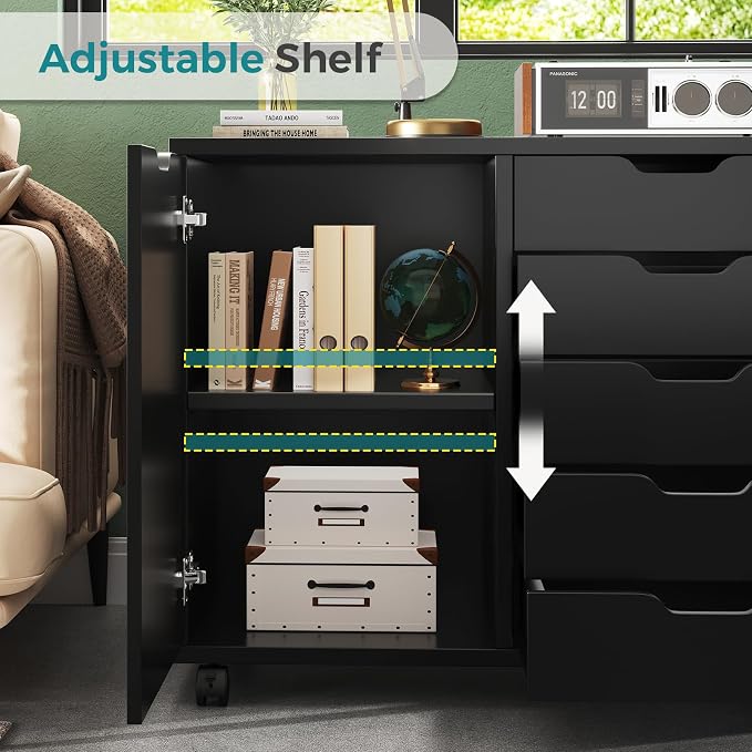 OLIXIS 5-Drawer Rolling Mobile File Cabinet Wood Printer Stand with Storage | Under Desk Storage with Locking Casters Adjustable Shelf, Wood Top 100 lbs Capacity for Home Office Organizer Compact, Black
