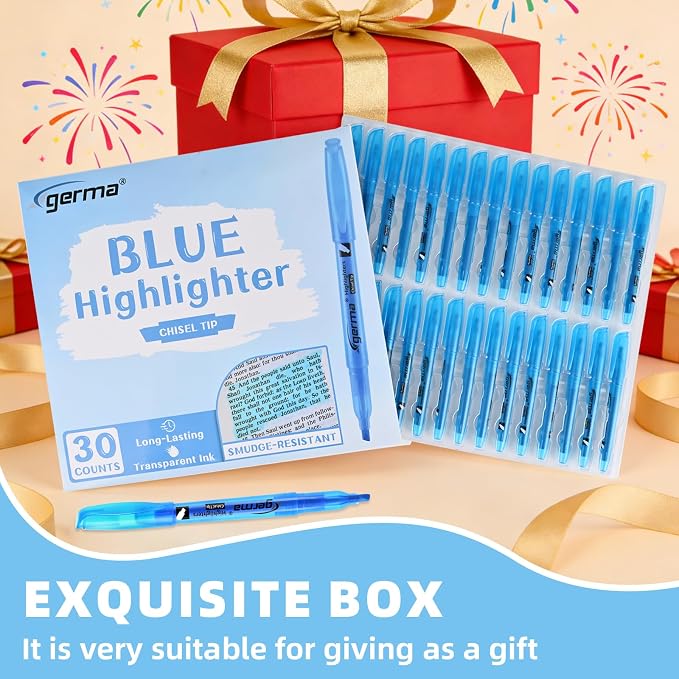 Cgerma Blue Highlighters 30 Pack, Chisel Tip Highlighter Bright Color, Dry Quickly, Smudge Proof Perfect for Students Adults Studying, Organizing, Coloring, Highlighting in Classroom, School, Office