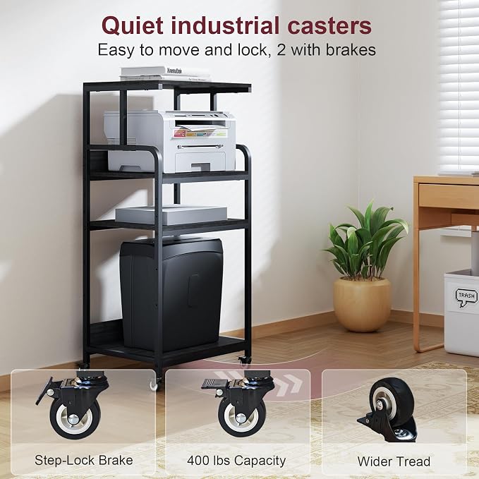 4 Tier Printer Stand with Wheels, Extra Large Tall Printer Table for Home Office, Printer and Shredder Stand with Storage Shelf (Black)