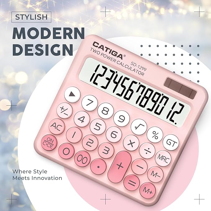 CATIGA Mechanical Switch Calculator with Solar and Battery Dual Power, 12-Digit Large LCD Display, Aesthetic and Cute Desktop Calculator with Big Button, for Home, School and Office Use, SD-1299