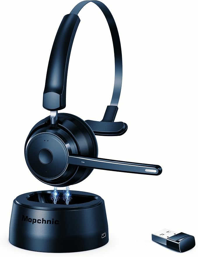 Mopchnic Bluetooth Headset, Wireless Headphone with Microphone for Computer, On Ear Bluetooth Headset with USB Dongle for Office Call Center Skype Zoom Meeting Online Class (Gray)