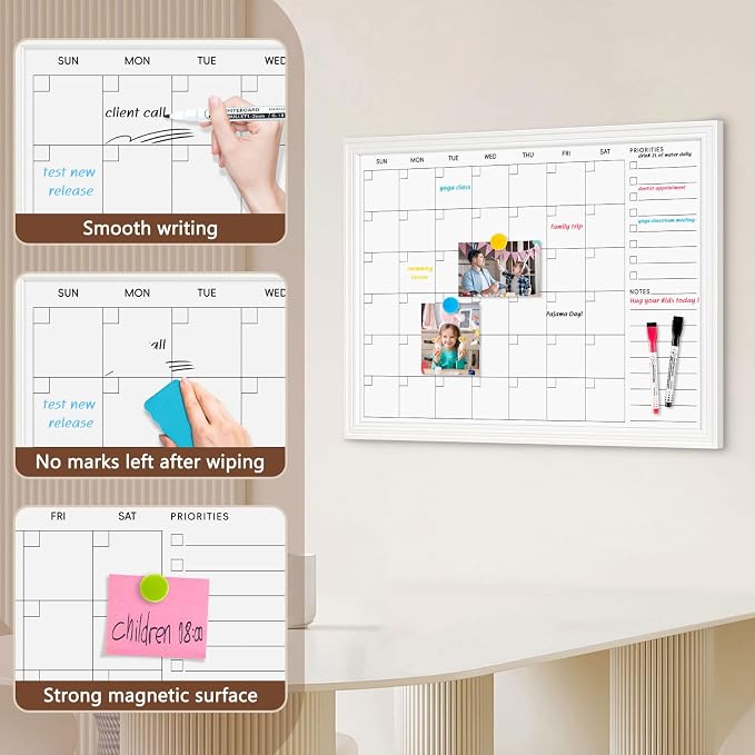 DOLLAR BOSS Magnetic WhiteBoard Calendar, 24x18 in, Monthly Dry Erase Board | Monthly Dry Erase Planner for Wall with White Wood Style Frame for Office, School, Dorm, Home Decor
