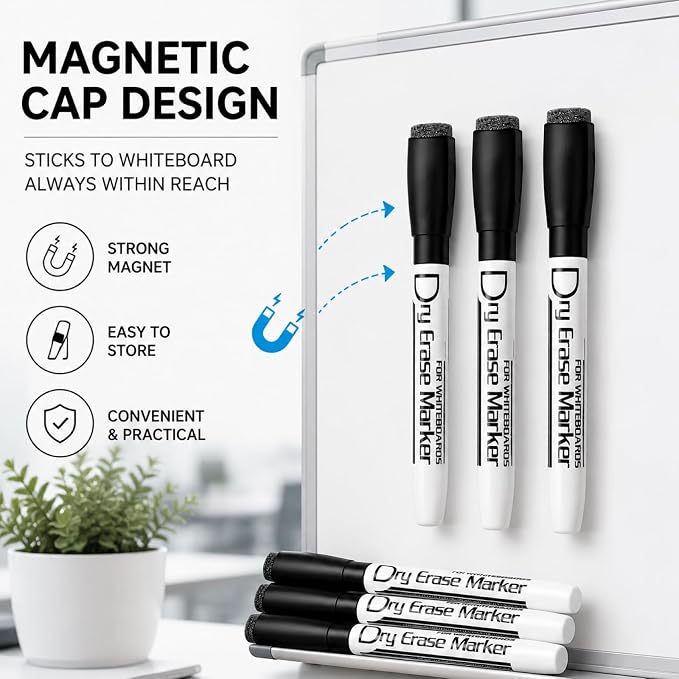 Volcanics Magnetic Black Dry Erase Markers, Fine Tip, 6 Pack | 1mm Whiteboard Markers with Eraser, Low Odor Dry Erase Pens, Smudge-Free, Quick Dry Ink for Whiteboards, Calendars, Office