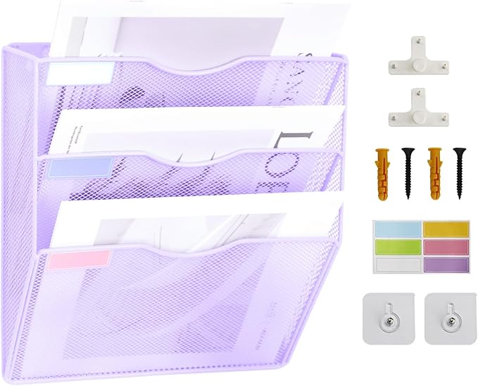 3 Pockets Mesh Wall File Holder Organizer Office Hanging File Folder Magazine Rack, Nametag Label Hooks Set Included (Purple)