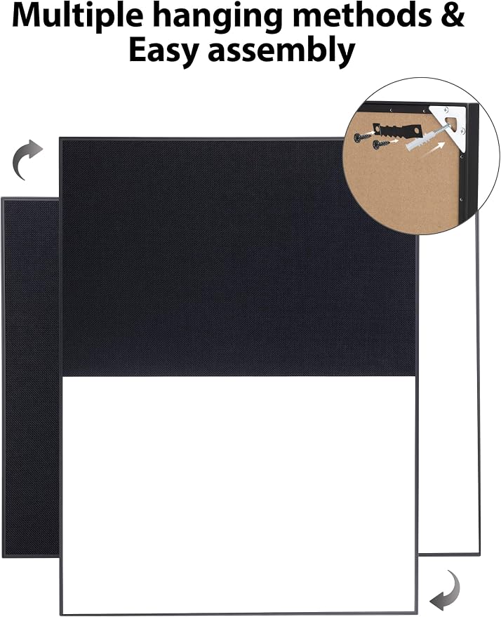 Cork Board White Board Combo | 24"X18" Linen Bulletin Board Whiteboard for Wall, Magnetic Dry Erase Corkboard for Home, Office, School, Black