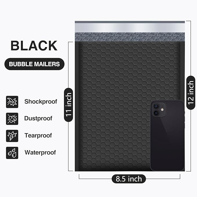 UCGOU Bubble Mailers 8.5x12 Inch 40 Pack Usable Size 8.5x11 Inch Black Padded Envelopes Medium Waterproof Packaging Bags for Shipping Self Seal Strong Adhesive Envelopes for Jewelry Makeup Supplies