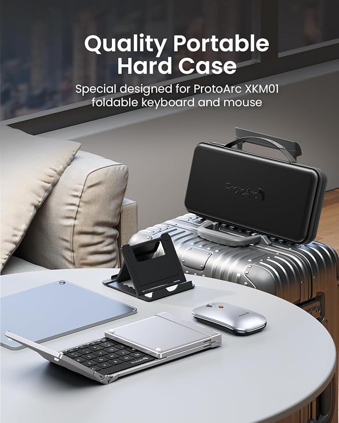 ProtoArc XKM01 Full-Size Foldable Keyboard Mouse for Travel - Black Silver | 105-key keyboard, slim mouse, hard case and phone stand; 3-device Bluetooth & 2.4G switching, for travel office use