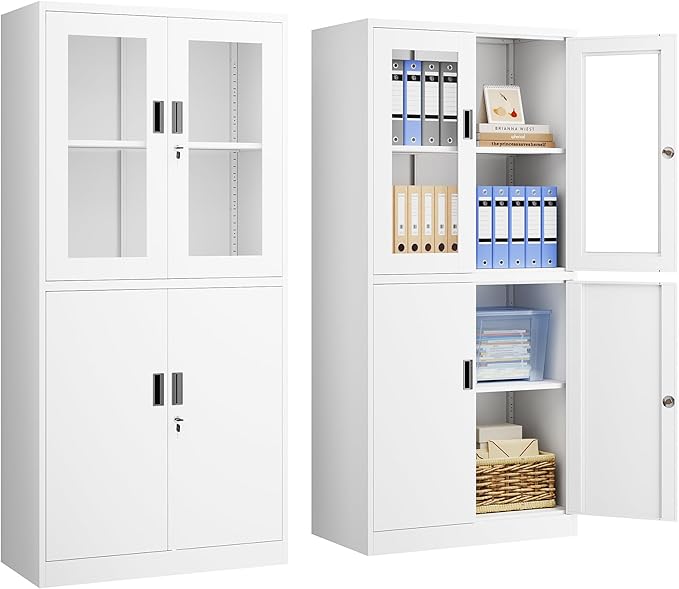PEUKC Display Storage Cabinet with Glass Door, 71 Inches Metal Curio Cabinet with 2 Adjustable Shelves, Locking Glass Display Case for Home, Office, Clinic, Pantry, Assemble Required(White)