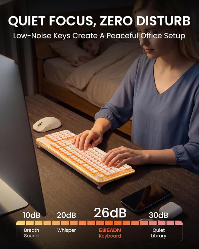Wireless Keyboard and Mouse Combo with Warm Backlit Pudding Keycaps | Bluetooth & 2.4G Dual Mode, 2000mAh Rechargeable Full Size Quiet Computer Keyboard for Windows PC Desktop, Rose Gold, EWEADN